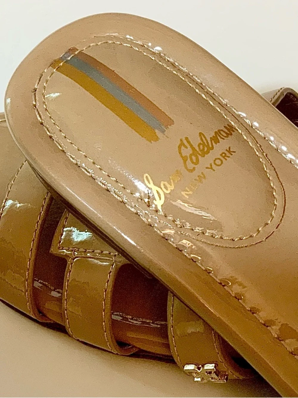 Sam Edelman New York ‘Bay’ Patent Slide Sandals in Almond - Picture 7 of 12